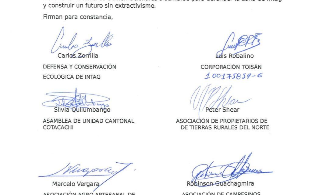 signatures against mining in Intag